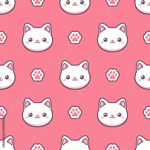 White kawaii cats and paw prints on pink background. Vector seamless pattern. 