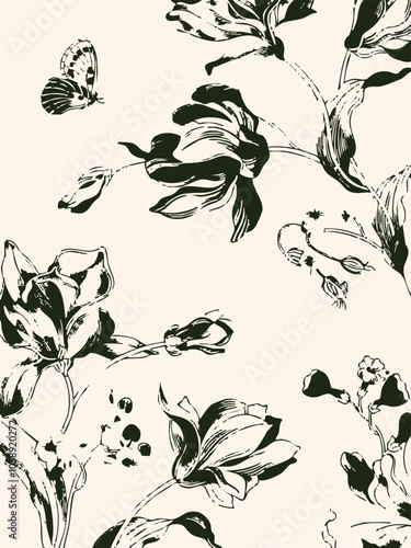 abstract, vector, monochrome, big flowers, all over textiles design, illustration digital image can be used for wrapping paper