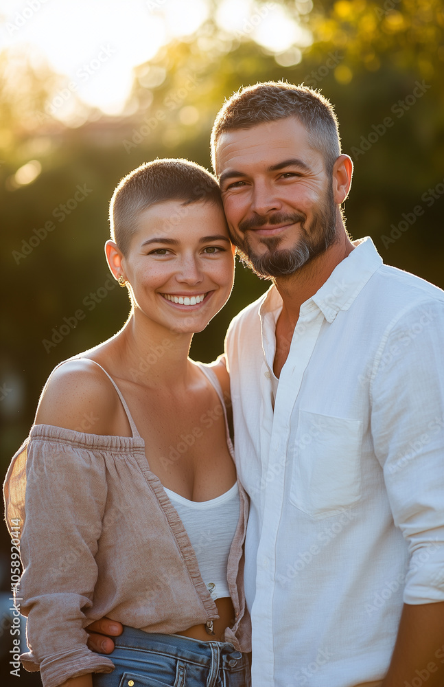 Portrait of a happy young woman with cancer and her husband standing outdoors in sunset Portrait of a happy young woman with cancer and her husband standing outdoors in sunset