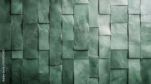 A vibrant composition of deep green textured wall tiles, artfully arranged in a staggered pattern, emphasizing elegance, sophistication, and modern aesthetics. photo