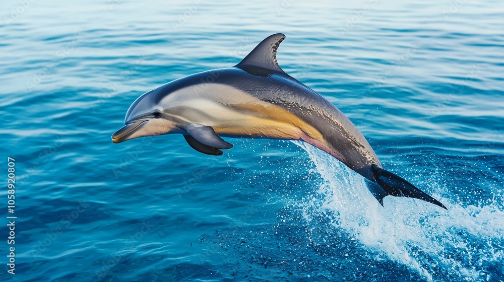 Fototapeta premium A dolphin leaps gracefully above the water's surface, showcasing its agility against a backdrop of calm ocean waves.