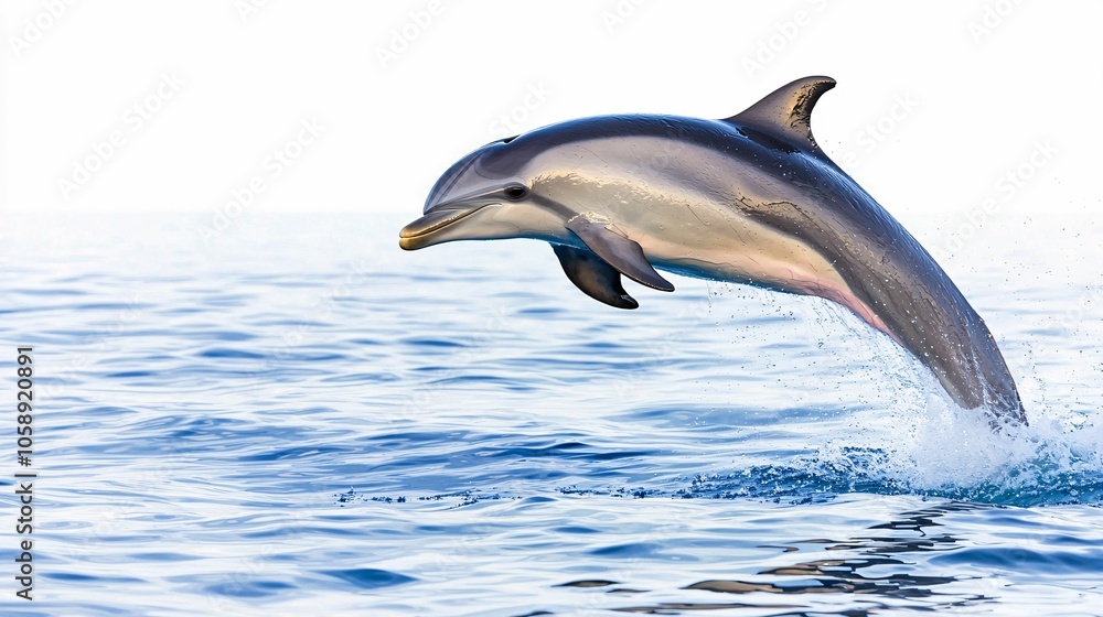 A dolphin leaps gracefully above the ocean surface, showcasing its sleek body and dynamic movement in a vibrant blue environment. A dolphin leaps gracefully above the ocean surface, showcasing its sleek body and dynamic movement in a vibrant blue environment.