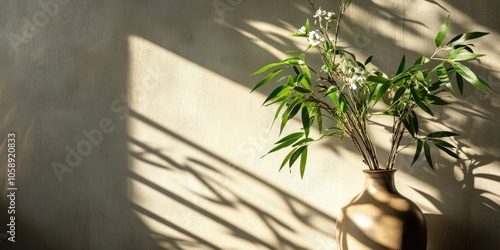 Fototapeta Naklejka Na Ścianę i Meble -  Bamboo blossom leaves basking in sunlight, with flower buds in a vase for home decor, highlight artificial plants and flowers in an indoor wall portrait, allowing for copy space.