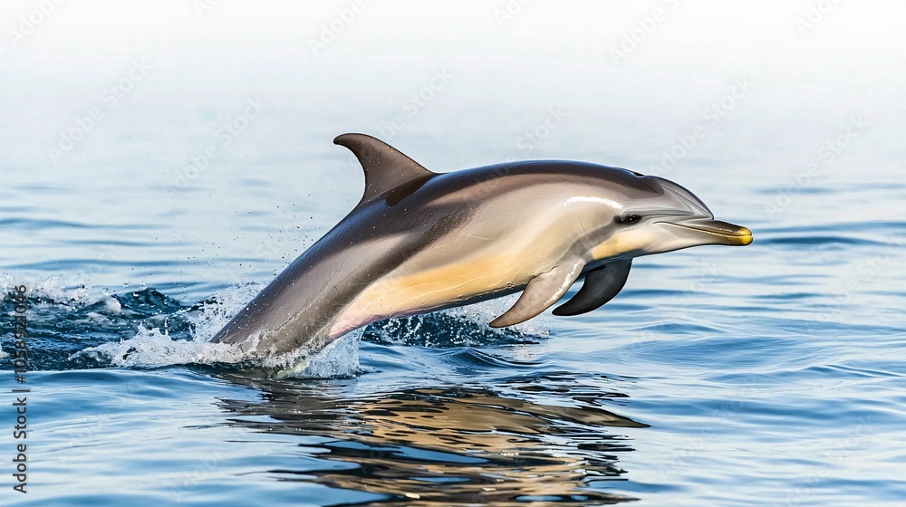 Fototapeta premium A dolphin leaps gracefully above the calm ocean surface, showcasing its streamlined body against the shimmering blue water.