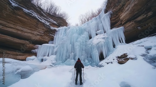 Frozen waterfall with hiker gazing up, crystallike ice formation, winter wonder photo