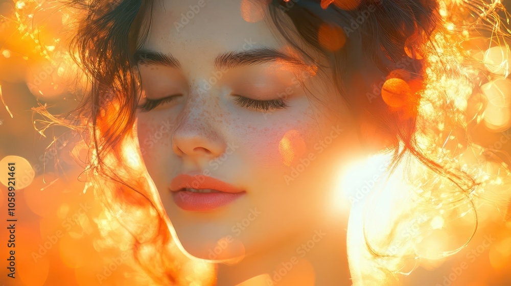 radiant closeup of a woman basking in bright sunlight, her joyful expression illuminated by warm rays, surrounded by a soft blur of nature's colors radiant closeup of a woman basking in bright sunlight, her joyful expression illuminated by warm rays, surrounded by a soft blur of nature's colors