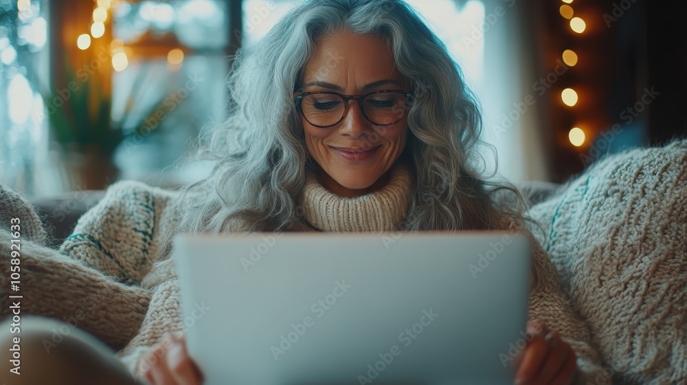 An elegant woman with long, wavy gray hair sits comfortably using a tablet. Her modern glasses add a touch of sophistication to the cozy evening setting. An elegant woman with long, wavy gray hair sits comfortably using a tablet. Her modern glasses add a touch of sophistication to the cozy evening setting.