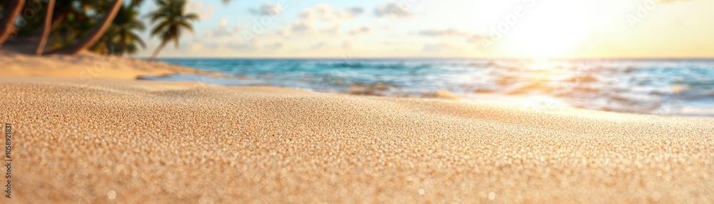 Golden Sand Beach at Sunset with Blurred Ocean Background Golden Sand Beach at Sunset with Blurred Ocean Background