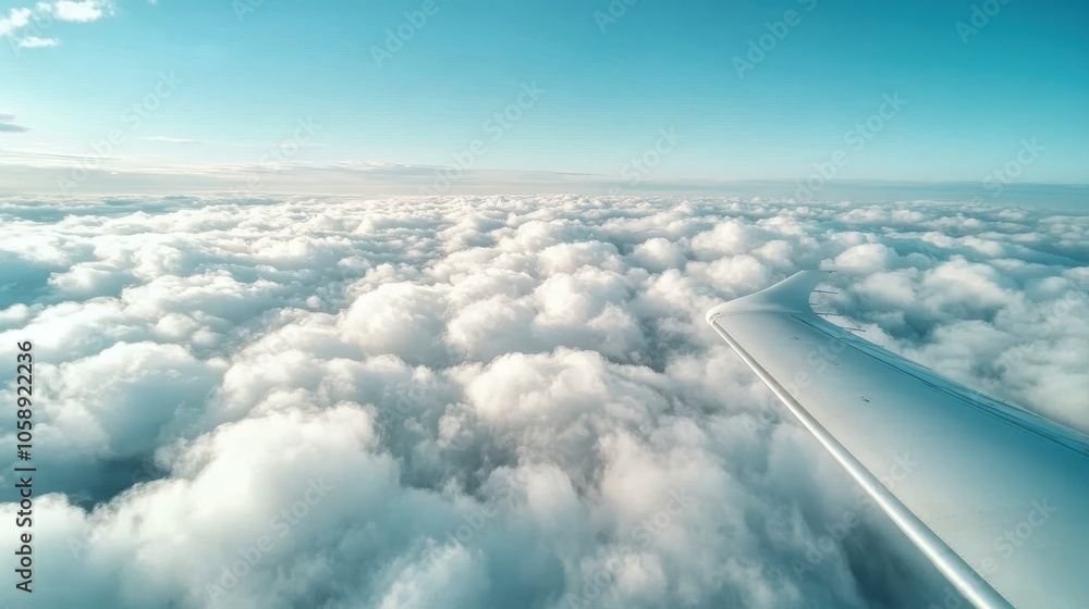 A peaceful view from an airplane showcasing a serene wing slicing through a blanket of fluffy white clouds under a clear blue sky, suggesting travel and tranquility. A peaceful view from an airplane showcasing a serene wing slicing through a blanket of fluffy white clouds under a clear blue sky, suggesting travel and tranquility.