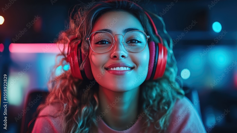A cheerful woman with curly hair and glasses wearing headphones, smiling broadly in a neon-lit room that highlights her joyful and carefree demeanor. A cheerful woman with curly hair and glasses wearing headphones, smiling broadly in a neon-lit room that highlights her joyful and carefree demeanor.