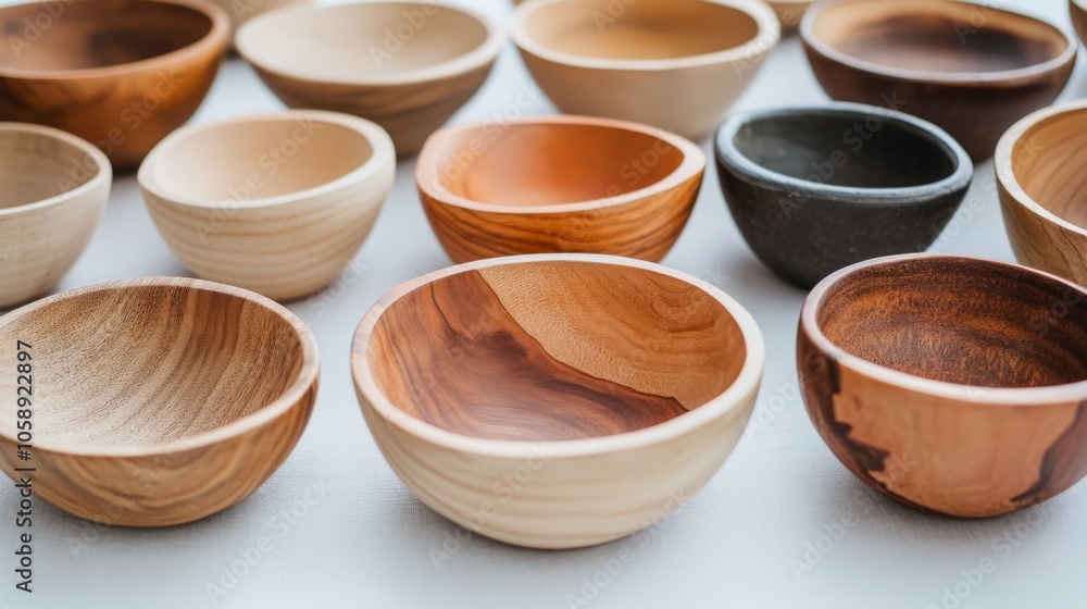 A collection of handcrafted wooden bowls displayed on a light surface in natural light A collection of handcrafted wooden bowls displayed on a light surface in natural light