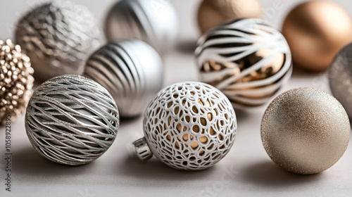 Elegant collection of metallic and lace-designed Christmas ornaments, featuring silver, gold, and white baubles with intricate patterns and textures, arranged on a soft surface.