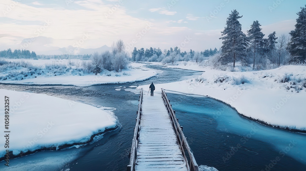 Snowcovered wooden bridge over frozen river, lone adventurer crossing, serene journey Snowcovered wooden bridge over frozen river, lone adventurer crossing, serene journey