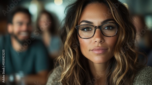 A focused woman wearing glasses in a casual atmosphere, blending intelligence and style, with soft wavy hair and chic clothing, attracting attention.