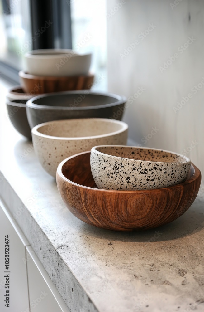 Elegant arrangement of wooden and ceramic bowls on a kitchen countertop in natural light Elegant arrangement of wooden and ceramic bowls on a kitchen countertop in natural light