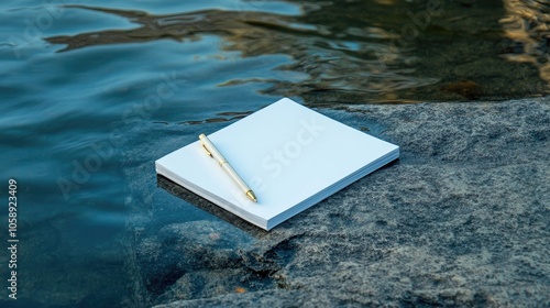 Notepad and pen rest on a dark stone surface, partially submerged in tranquil water, creating a serene composition with ample space for text or graphics related to note-taking. photo