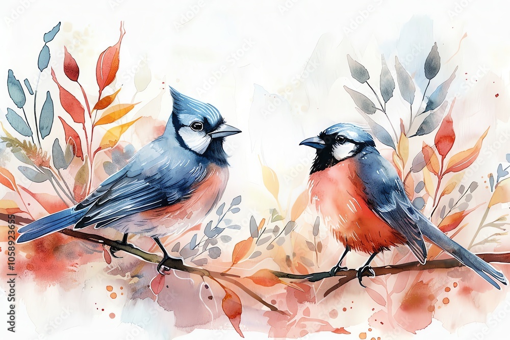 Two blue jays with blue and red feathers on a branch with watercolor leaves. Two blue jays with blue and red feathers on a branch with watercolor leaves.