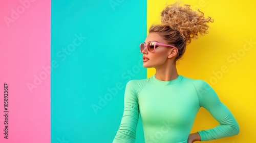 A fashionable woman wearing sunglasses and a form-fitting green outfit stands against a bright, colorful wall, exuding a modern and chic aura. photo