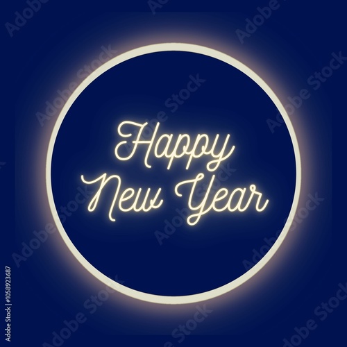 Happy New Year dark blue and gold square illustration for social media, ads, website	