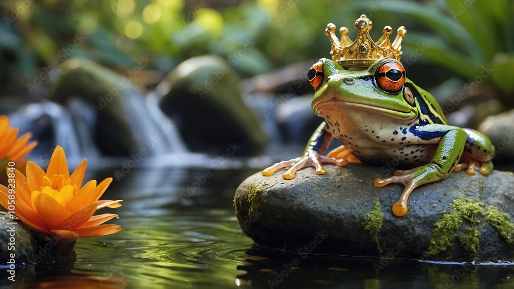 A cute green and orange frog with a golden crown sits on a rock surrounded by water and greenery. Fantasy frog prince, Tsarevna Lyagushka magic fairy tale illustration. A cute green and orange frog with a golden crown sits on a rock surrounded by water and greenery. Fantasy frog prince, Tsarevna Lyagushka magic fairy tale illustration.