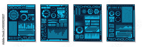Technology banner. Grunge geometric innovation border. Abstract design. Neon dashboard frame. HUD game tech infographic. Cyberpunk chart. UI background. Vector garish graphic futuristic posters set