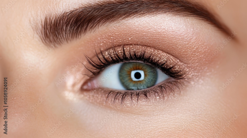 Obraz premium A detailed close-up of an eye adorned with sparkling makeup, highlighting the vibrant colors and intricate texture, conveying a sense of elegance and creativity.