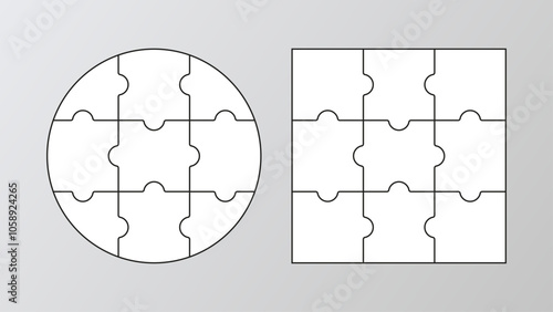 Jigsaw square grids set. Puzzle pieces scheme for thinking game. Cutting template with separate details. Simple mosaic background. Vector illustration.