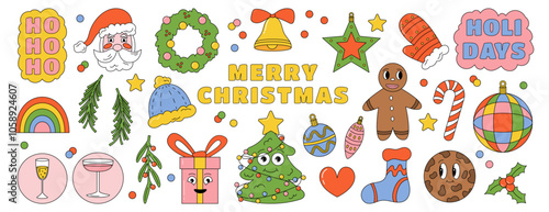 Christmas sticker. Groovy gift, Santa Claus, tree character and rainbow. Xmas design, vintage winter party, retro cartoon happy circle smile, hipster decorative isolated set. Vector garish holiday