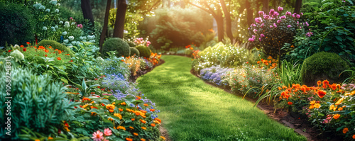 Beautiful panoramic background with Dutch garden in summer.