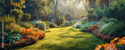 Beautiful panoramic background with Dutch garden in summer.