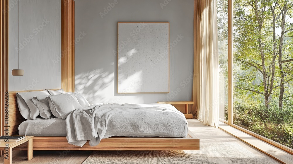 Minimalist Wooden Bed Frame in Light Filled Nature Inspired Bedroom Minimalist Wooden Bed Frame in Light Filled Nature Inspired Bedroom