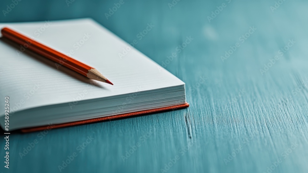 A sharp pencil rests on the closed hardcover book placed neatly on a teal wooden surface, symbolizing readiness for learning, writing, and creating. A sharp pencil rests on the closed hardcover book placed neatly on a teal wooden surface, symbolizing readiness for learning, writing, and creating.