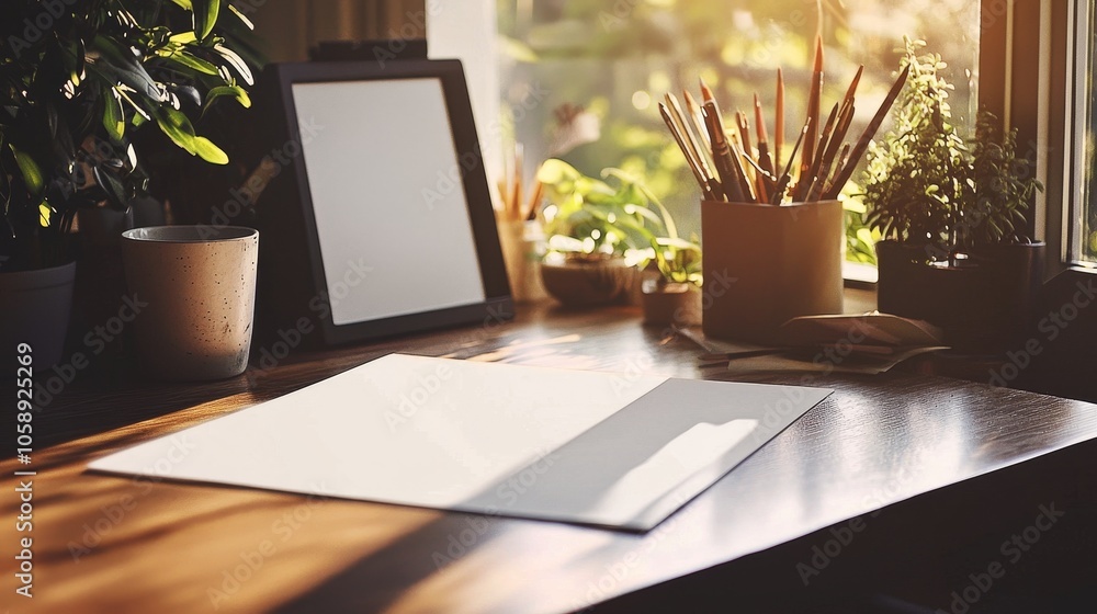 Fototapeta premium Minimalist Workspace with Blank Paper and Writing Supplies on Wooden Desk
