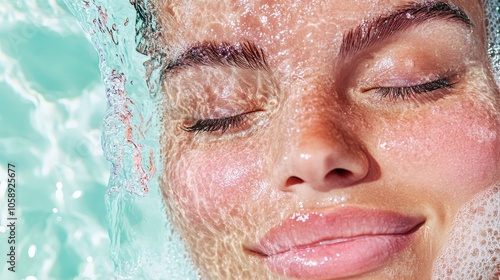 A serene close-up image of a woman's face submerged in clear, sunlit water emphasizes relaxation, tranquility, and rejuvenation with a gentle expression.