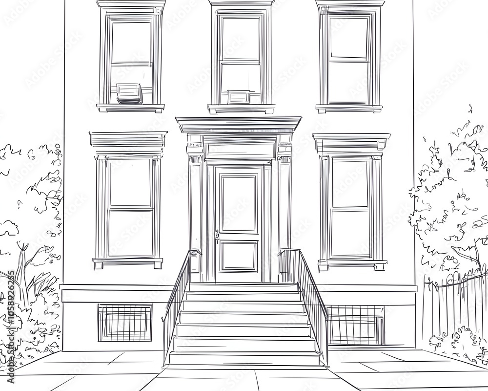 Minimalist Line Sketch of New York Brownstone Facade with Iconic Steps Minimalist Line Sketch of New York Brownstone Facade with Iconic Steps