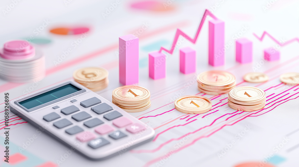 Financial calculator with coins and growth chart, symbolizing investment Financial calculator with coins and growth chart, symbolizing investment