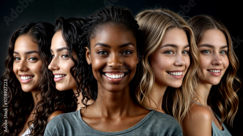 Smiling young women with different skin tones and ethnic backgrounds. Cultural diversity, friendship, natural beauty, empowerment, happiness, multiculturalism