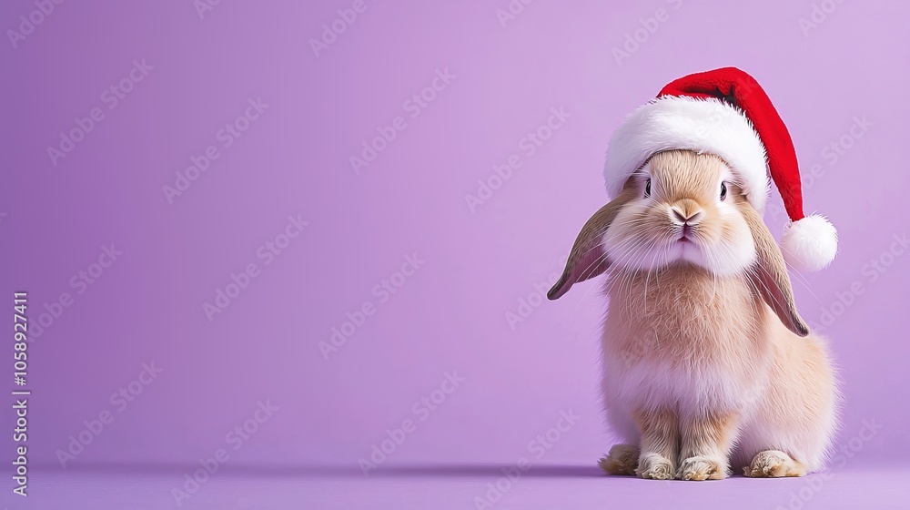 Playful Rabbit in Santa Hat Sitting on Soft Fur Against Purple Background Playful Rabbit in Santa Hat Sitting on Soft Fur Against Purple Background