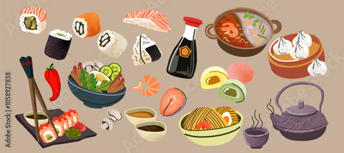 Asian food. Japanese ramen soup. Chicken bowl. Rice onigiri. Salmon sushi. Wok noodles. Meal dishes. Spicy pork with teriyaki sauce. Tea cup. Street cuisine menu. Vector cartoon doodle seafood set