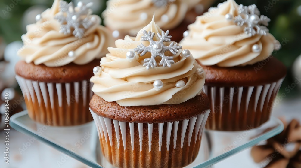 A set of artisan Christmas cupcakes topped with creamy gingerbread frosting, decorated with tiny fondant snowflakes and silver pearls A set of artisan Christmas cupcakes topped with creamy gingerbread frosting, decorated with tiny fondant snowflakes and silver pearls