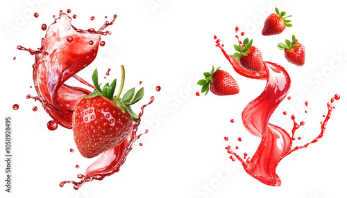 two swirling strawberry juice liquid and splashes with floating strawberries. twisted liquid strawberry on transparent background