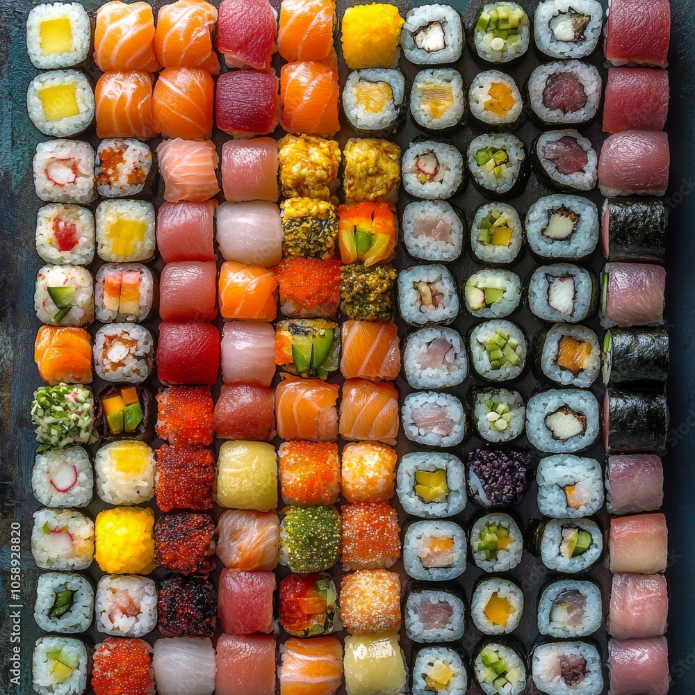 A colorful arrangement of sushi rolls on a wooden surface in a restaurant setting A colorful arrangement of sushi rolls on a wooden surface in a restaurant setting