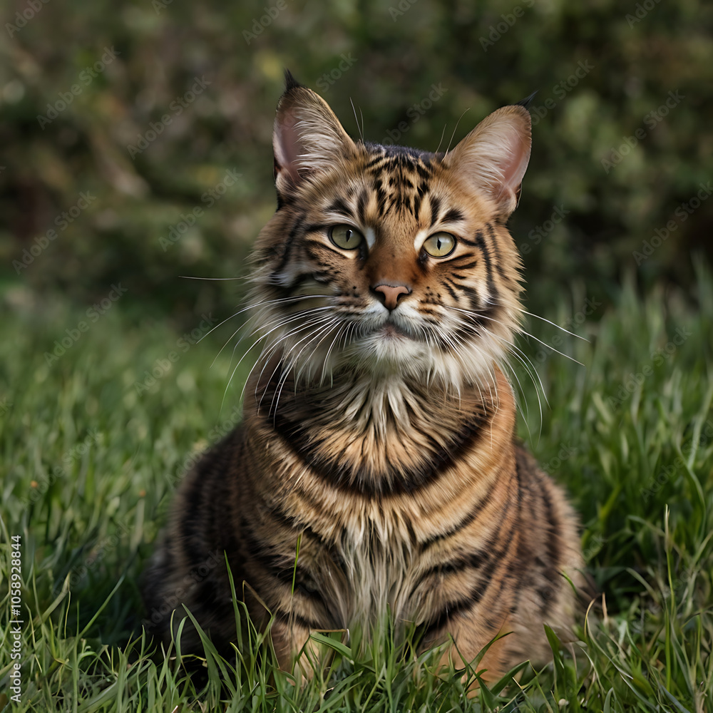 Majestic Bengal Cat, A captivating portrait of a stunning Bengal cat with its striking striped pattern and piercing green eyes, captured in a natural outdoor setting. Majestic Bengal Cat, A captivating portrait of a stunning Bengal cat with its striking striped pattern and piercing green eyes, captured in a natural outdoor setting.
