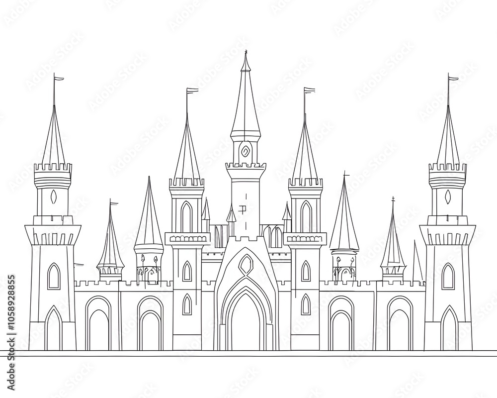 Minimalist Line Sketch of a Classic European Castle with Tall Towers Arches and Elegant Spires Minimalist Line Sketch of a Classic European Castle with Tall Towers Arches and Elegant Spires