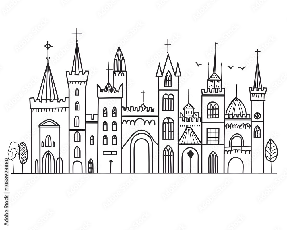 Classic Minimalist Line Sketch of European Castle with Tall Towers and Elegant Spires Classic Minimalist Line Sketch of European Castle with Tall Towers and Elegant Spires