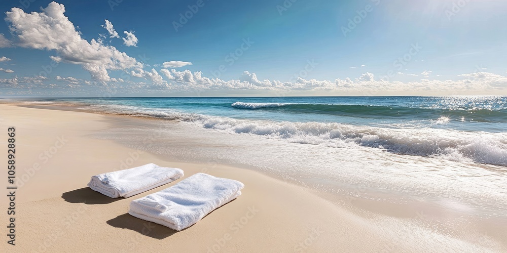 A tranquil beach setting showcases soft sandy shores and calm waves, with two towels laid out on the beach, ideal for unwinding and enjoying leisurely moments. A tranquil beach setting showcases soft sandy shores and calm waves, with two towels laid out on the beach, ideal for unwinding and enjoying leisurely moments.