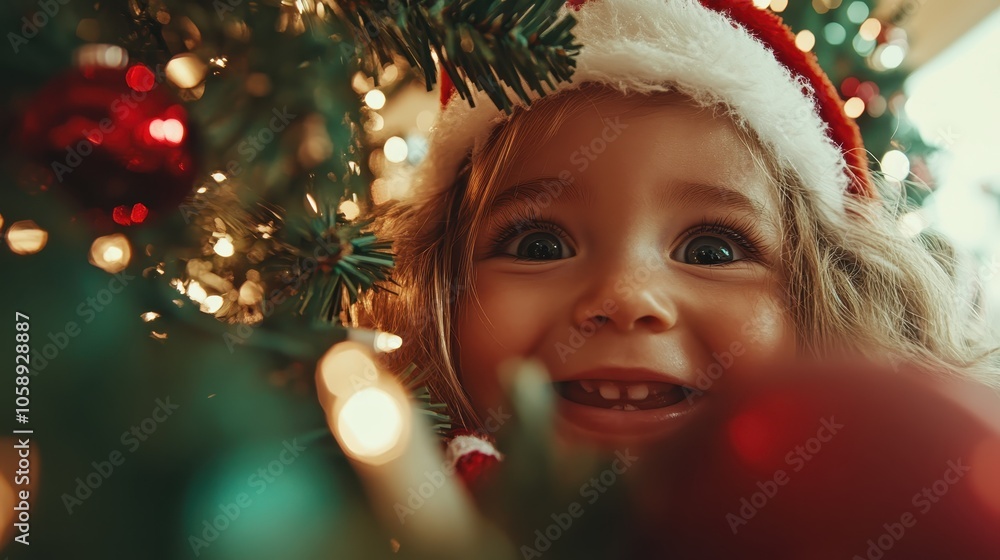 A child's face is aglow with the ambient light of Christmas decorations, highlighting the innocence and wonder associated with the holiday season.