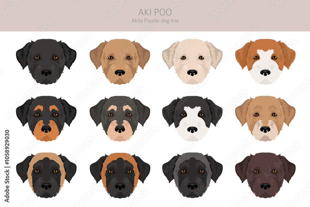 Obraz premium Akita Poodle mix. Aki Poo clipart. Different coat colors set. Vector illustration