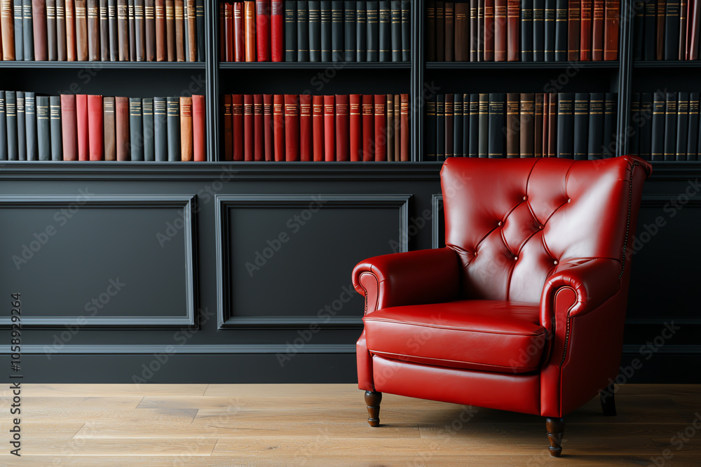 Luxurious red armchair against a richly decorated library wall perfect for cozy reading nooks and elegant home decor Luxurious red armchair against a richly decorated library wall perfect for cozy reading nooks and elegant home decor