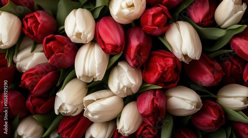 A lush display of red and white tulips showcases the lavish beauty of nature, impressively blending the bold and pure colors in a lively, harmonious arrangement. photo